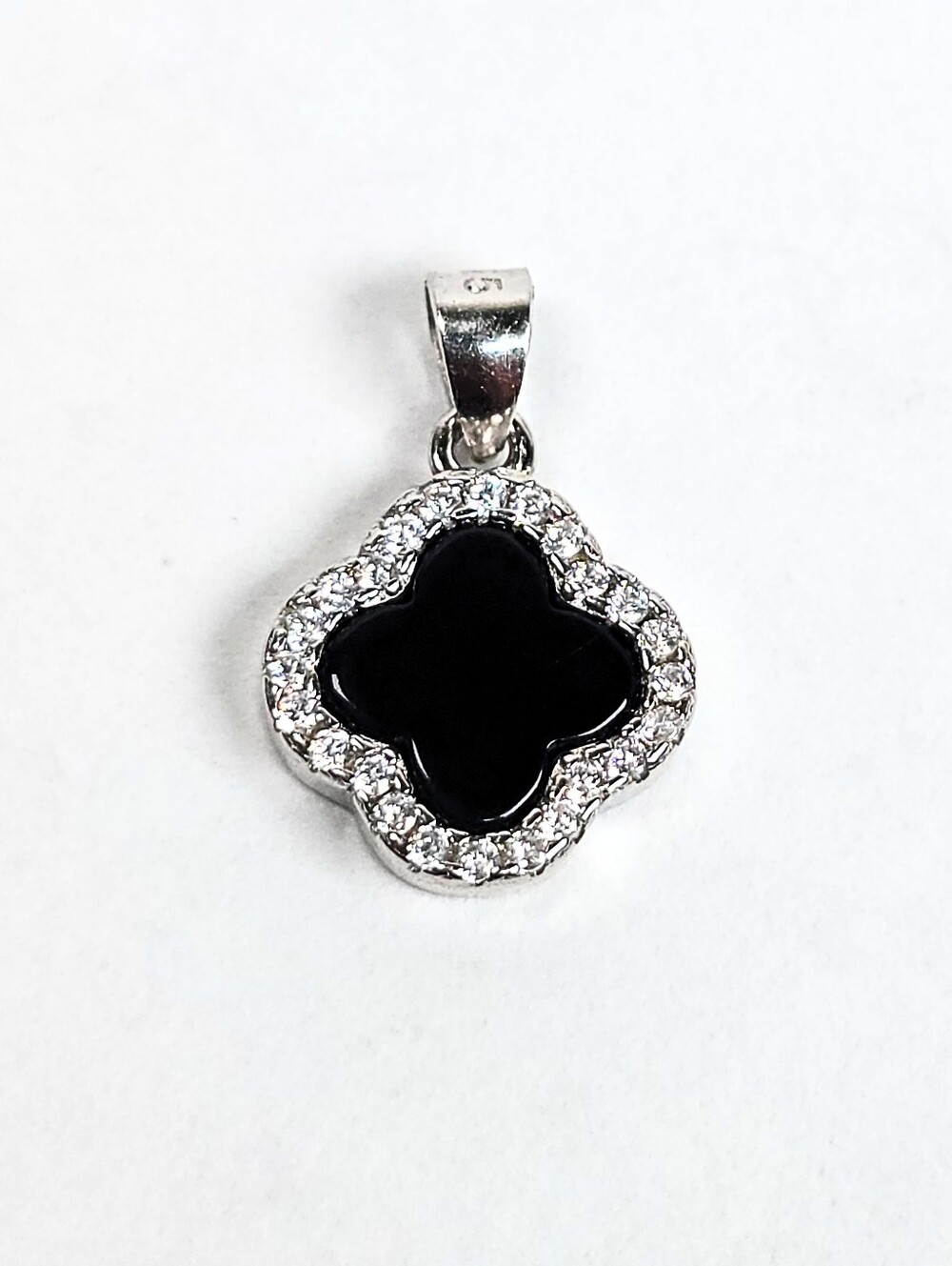 Van Inspired Black Clover Pendant 4-Leaf Flower 925 Sterling Silver Rhodium